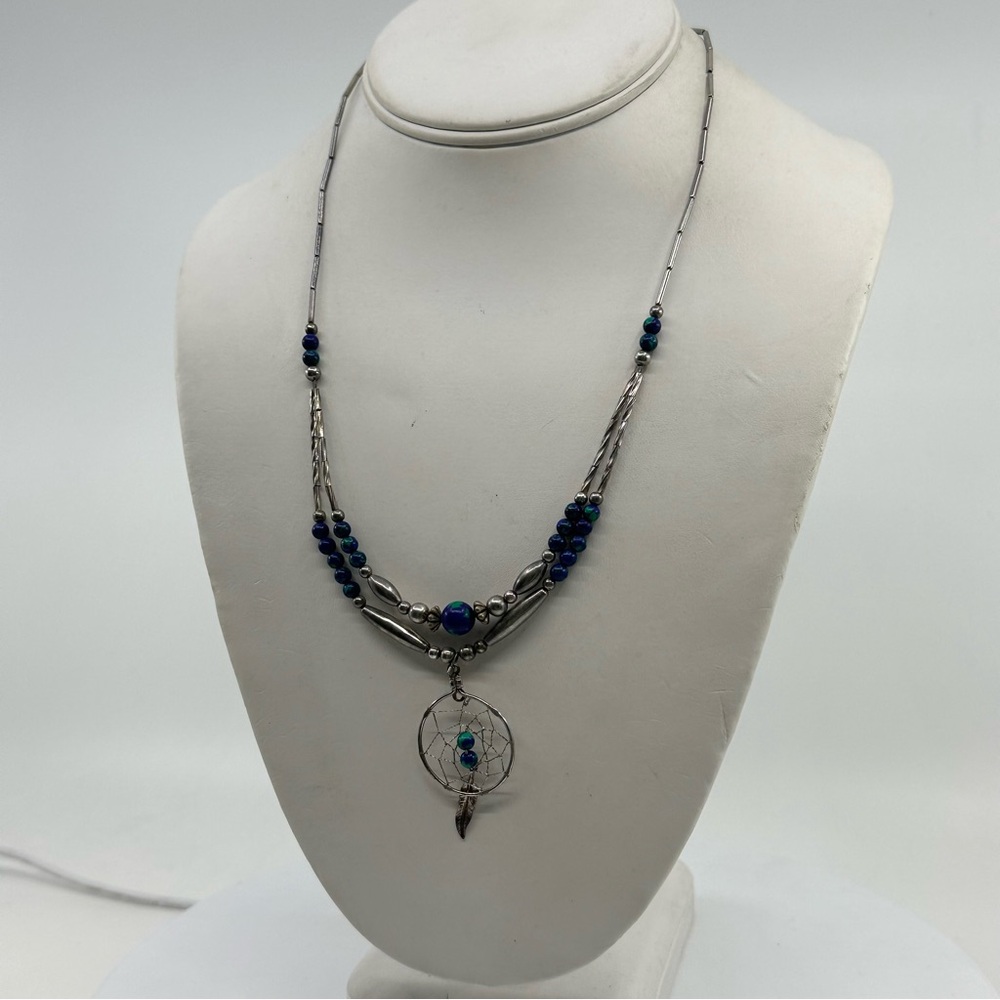 Handmade Silver American South-West Half-Double Strand Necklace w/ Dreamcatcher